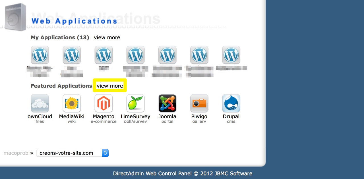 Copie écran du panneau Direct Admin Web applications