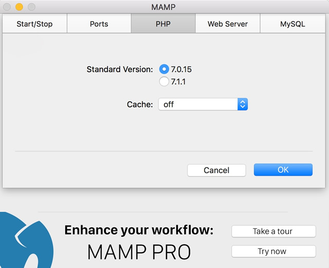 Capture écran des réglages Php de MAMP