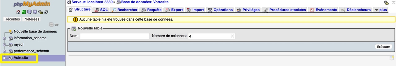 Capture d'écran montrant la base de données créée.