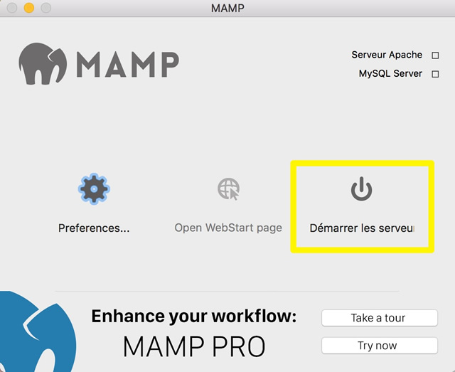 Capture d'écran avec bouton d'activation des serveurs de MAMP