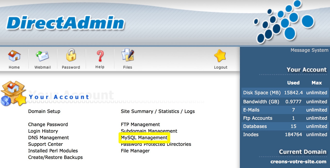 Copie écran de l'interface de DirectAdmin permettant de créer une base de données MySQL