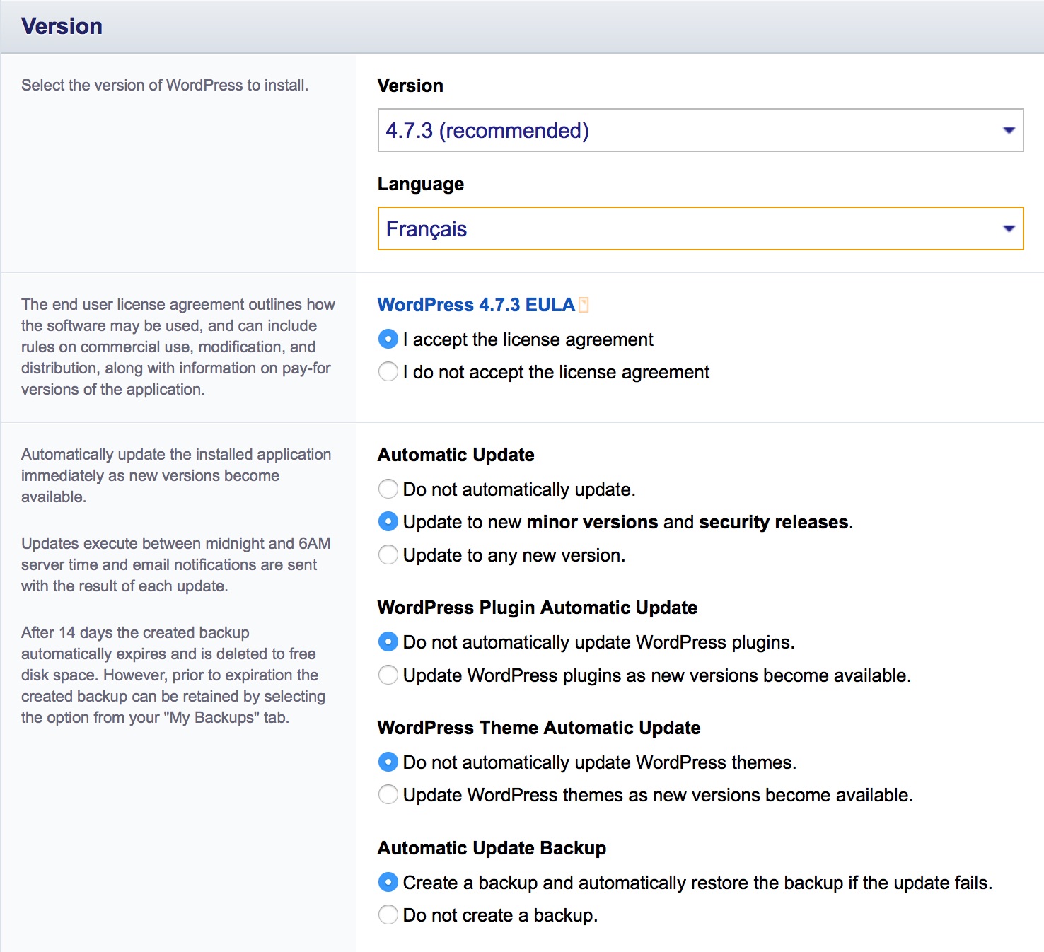 Copie écran des paramètres d'installation Version de Wordpress