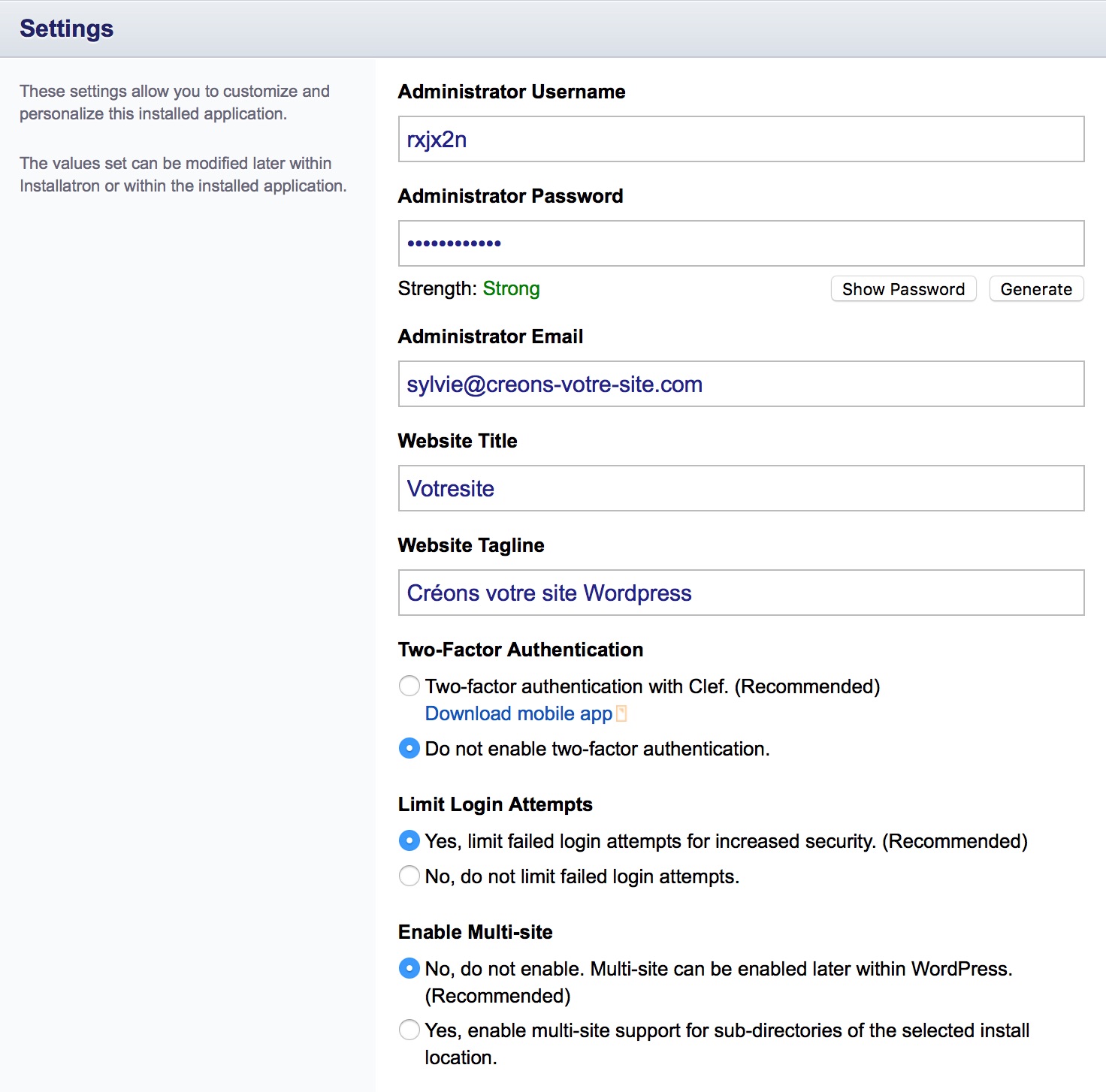 Copie écran des réglage de votre site Wordpress avant installation