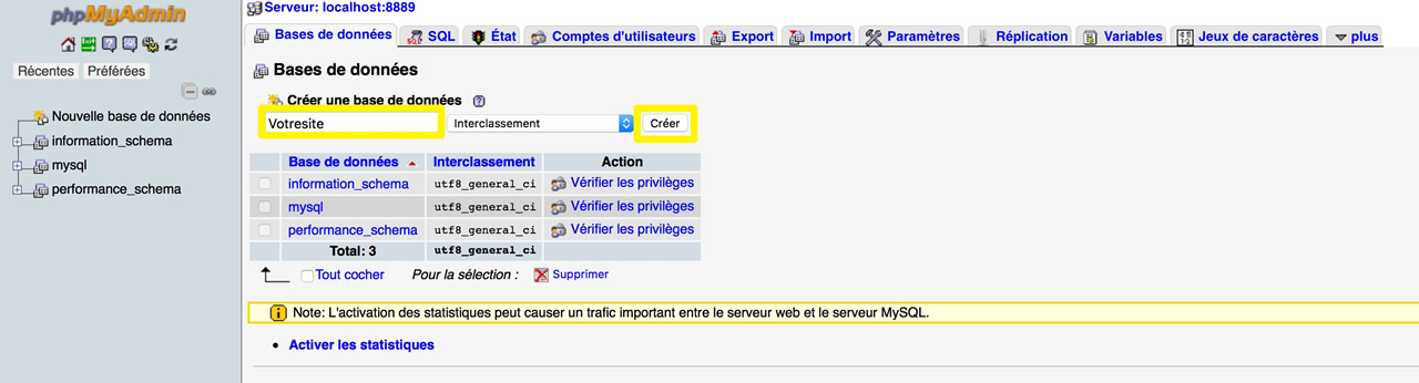 Capture d'écran de création de base de données avec PhpMyAdmin.
