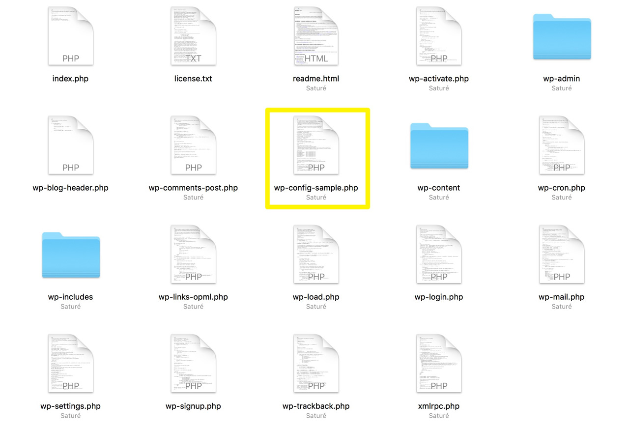 Capture écran du dossier Wordpress reprenant tous les fichiers dont config-sample encadré de jaune