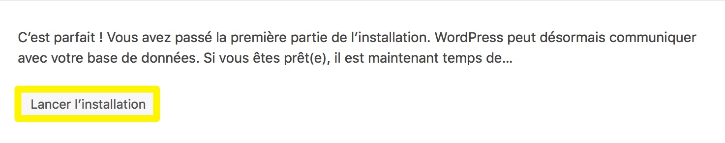 Capture écran de la page d'installation de Wordpress