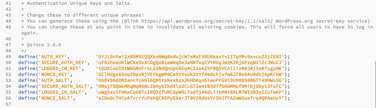 Copie écran de fichier config de Wordpress avec des clés d'authentifications