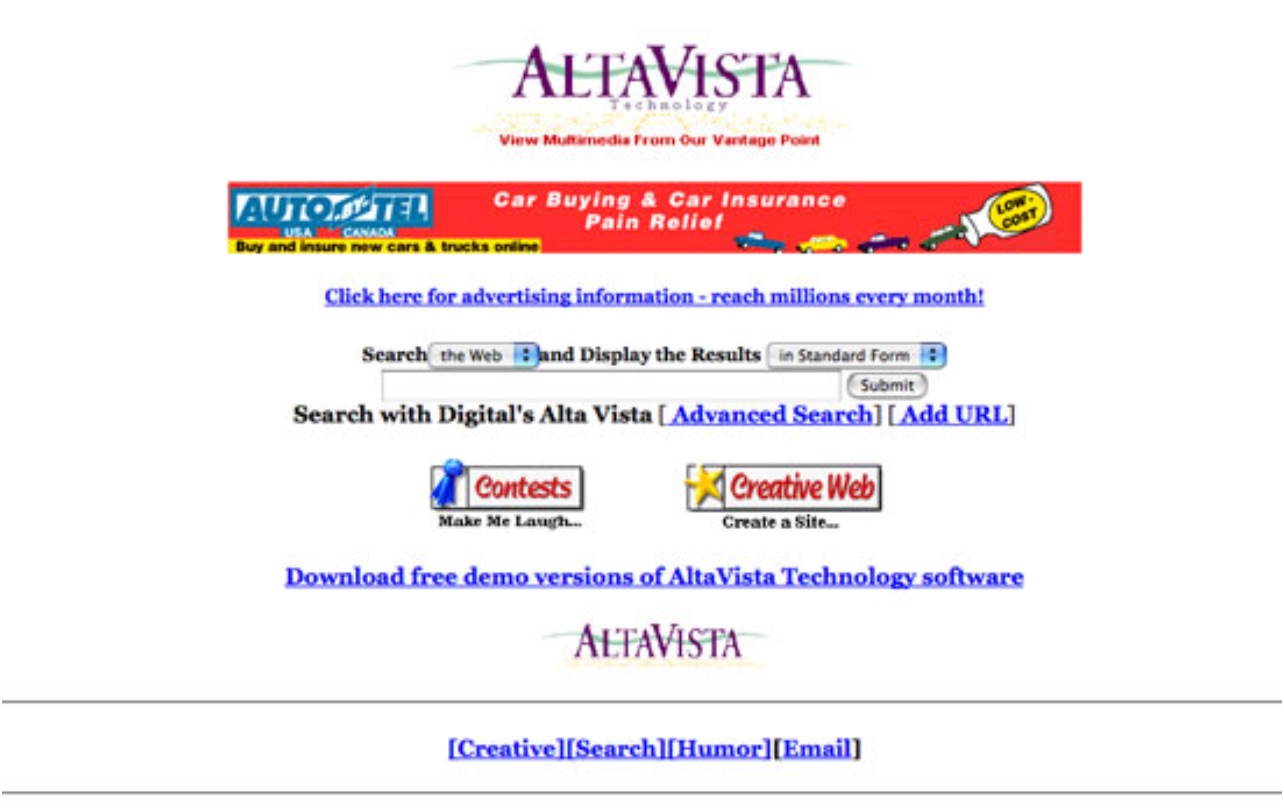 Page du moteur de recherche Alta Vista en 1996